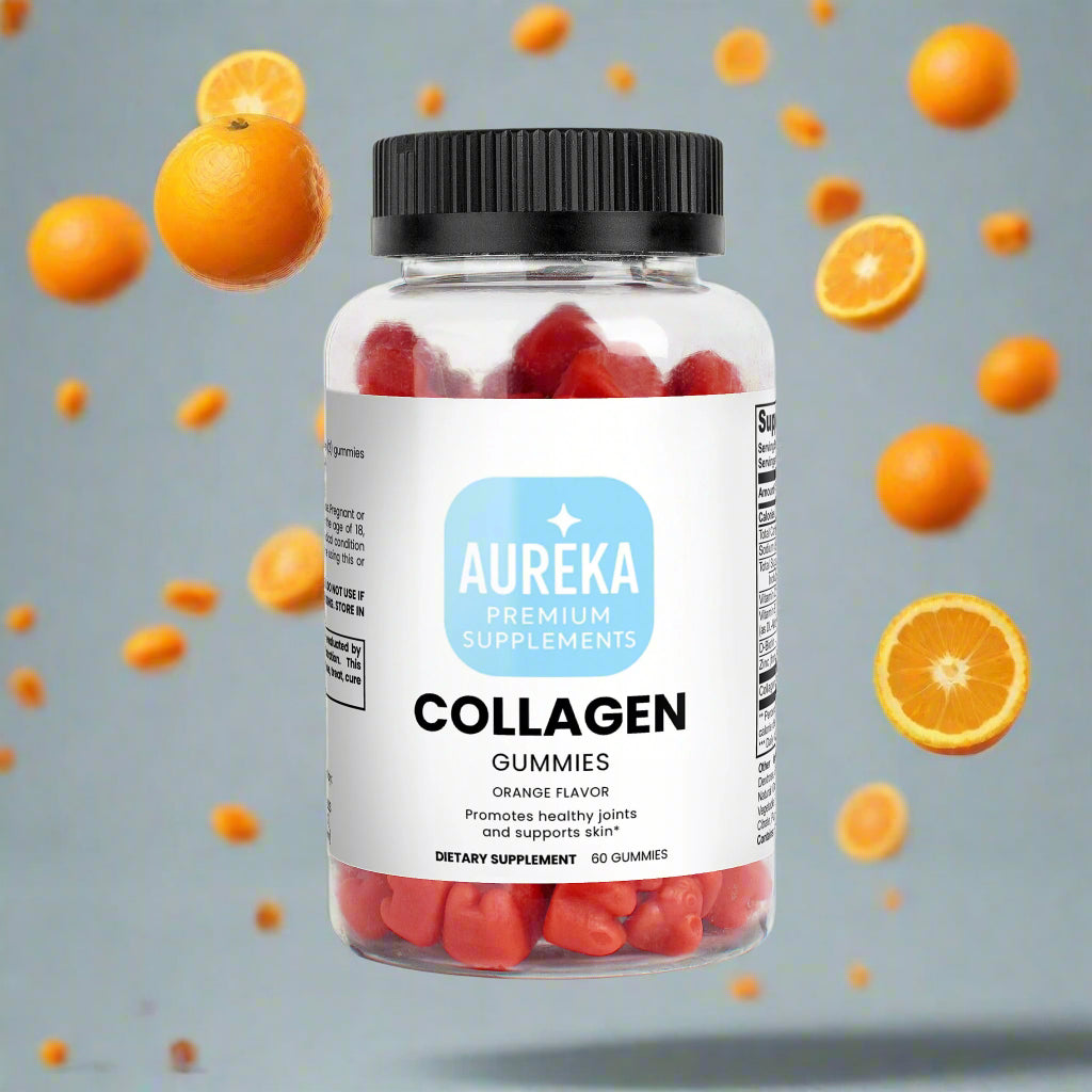 Bottle of Aureka Premium Supplements Collagen Gummies on a white background