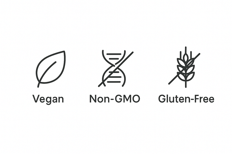 a clean, minimal strip of three icons (leaf for vegan, DNA strand with a slash for non-gmo, and wheat with a slash for glueten-free). Place them side by side in black/gray line icon style, so they match the minimal look of my site. under each icon, short text: Vegan, Non-GMO, and Gluten-Free